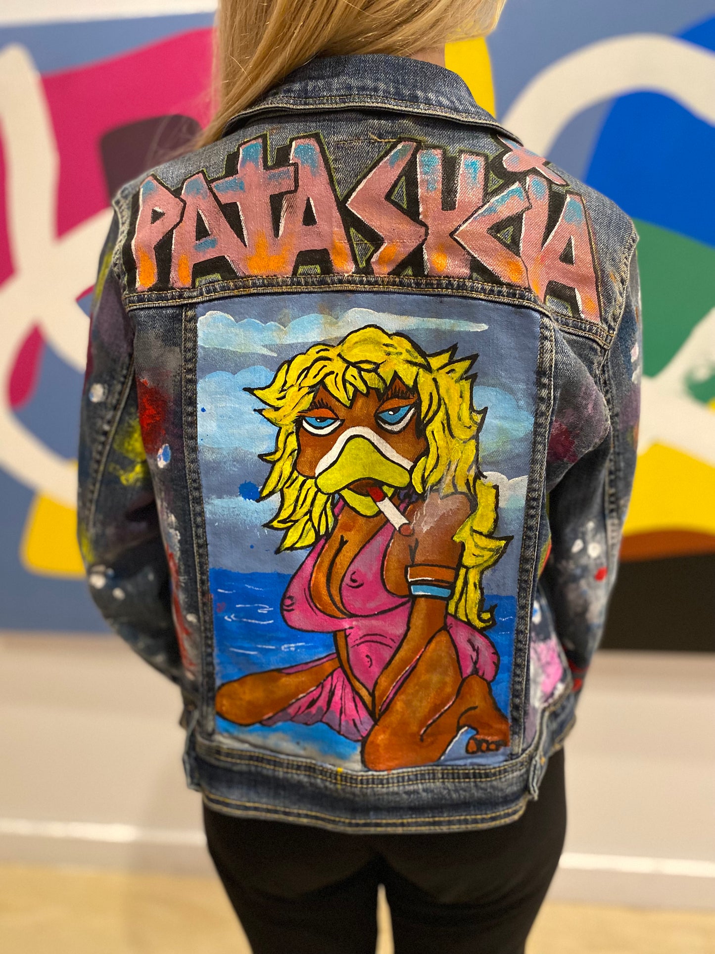 Pata Sucia hand painted Mossino womens size medium jean Jacket. One of a kind. Hand painted by AMOS in 2022