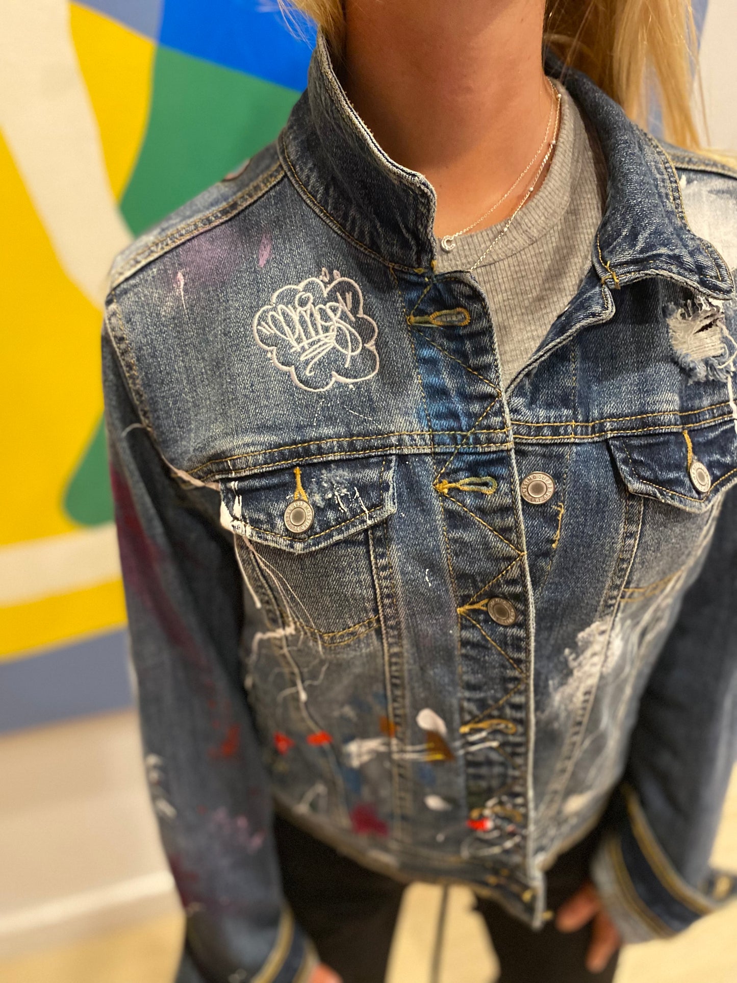 "Pata Sucia, Playa y Party" 2022 - Hand Painted, Denim Jacket - Womens Medium