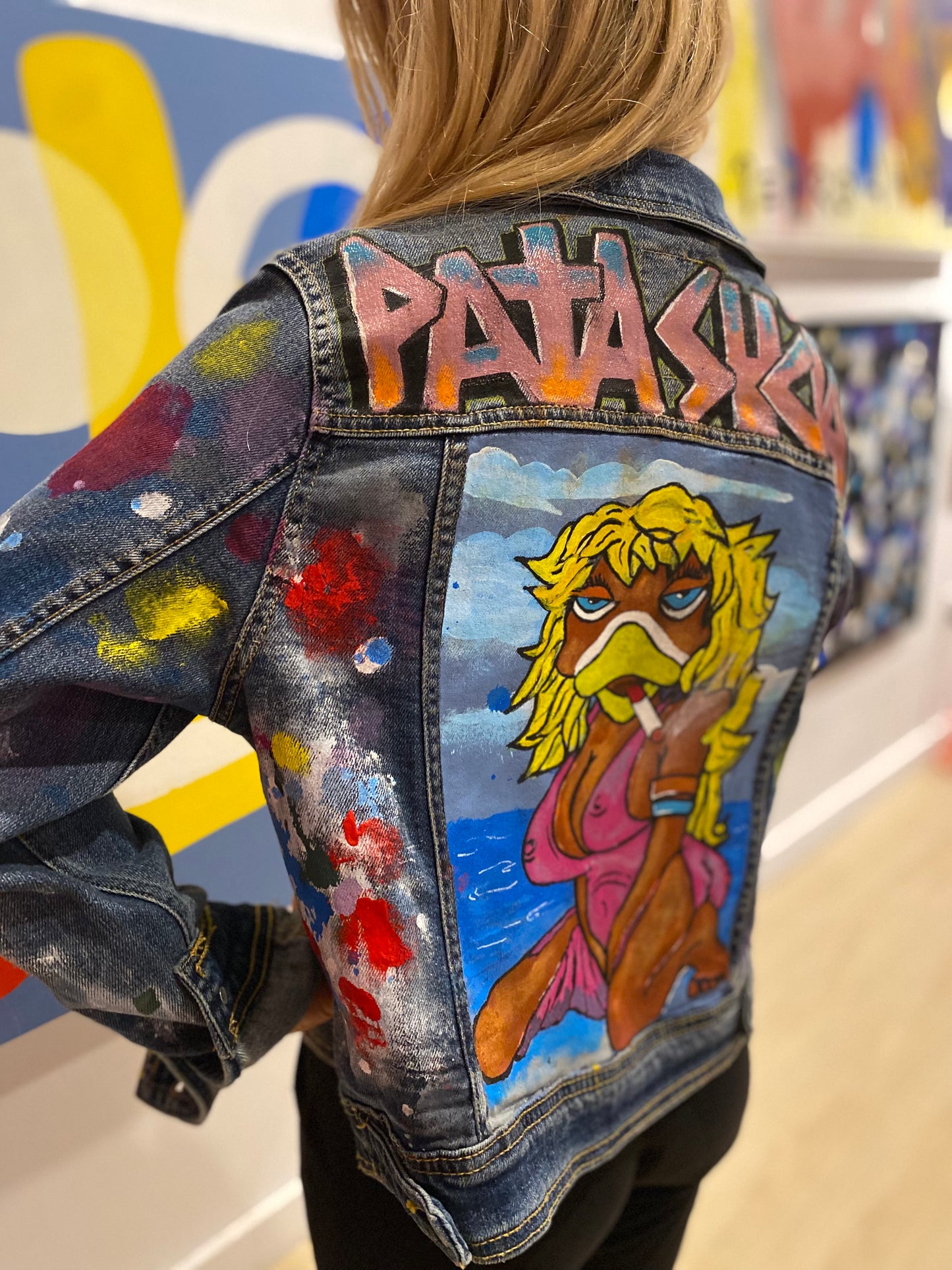 "Pata Sucia, Playa y Party" 2022 - Hand Painted, Denim Jacket - Womens Medium